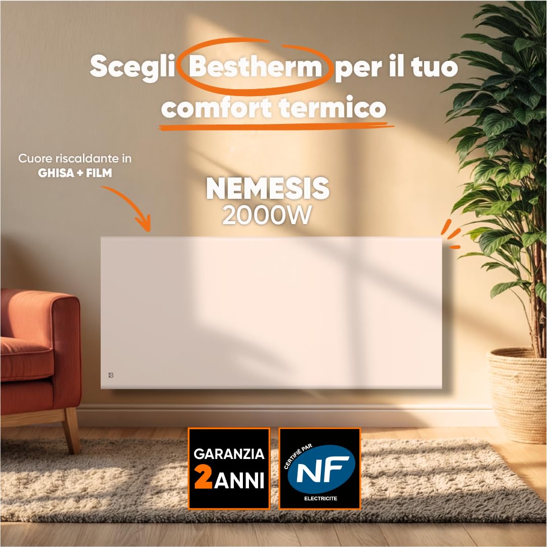 BESTHERM - Radiatore elettrico fisso a inerzia a secco ghisa+pellicola 2000W Bestherm NEMESIS orizzontale bianco