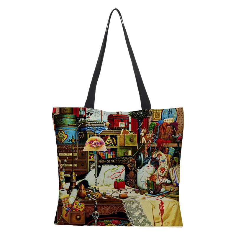 Molinter Cartoon Canvas Bag Oil Painting Cat Pattern Print Shopping Bag Linen Fabric Bag Beach Bags Large Capacity 43 x 43 cm