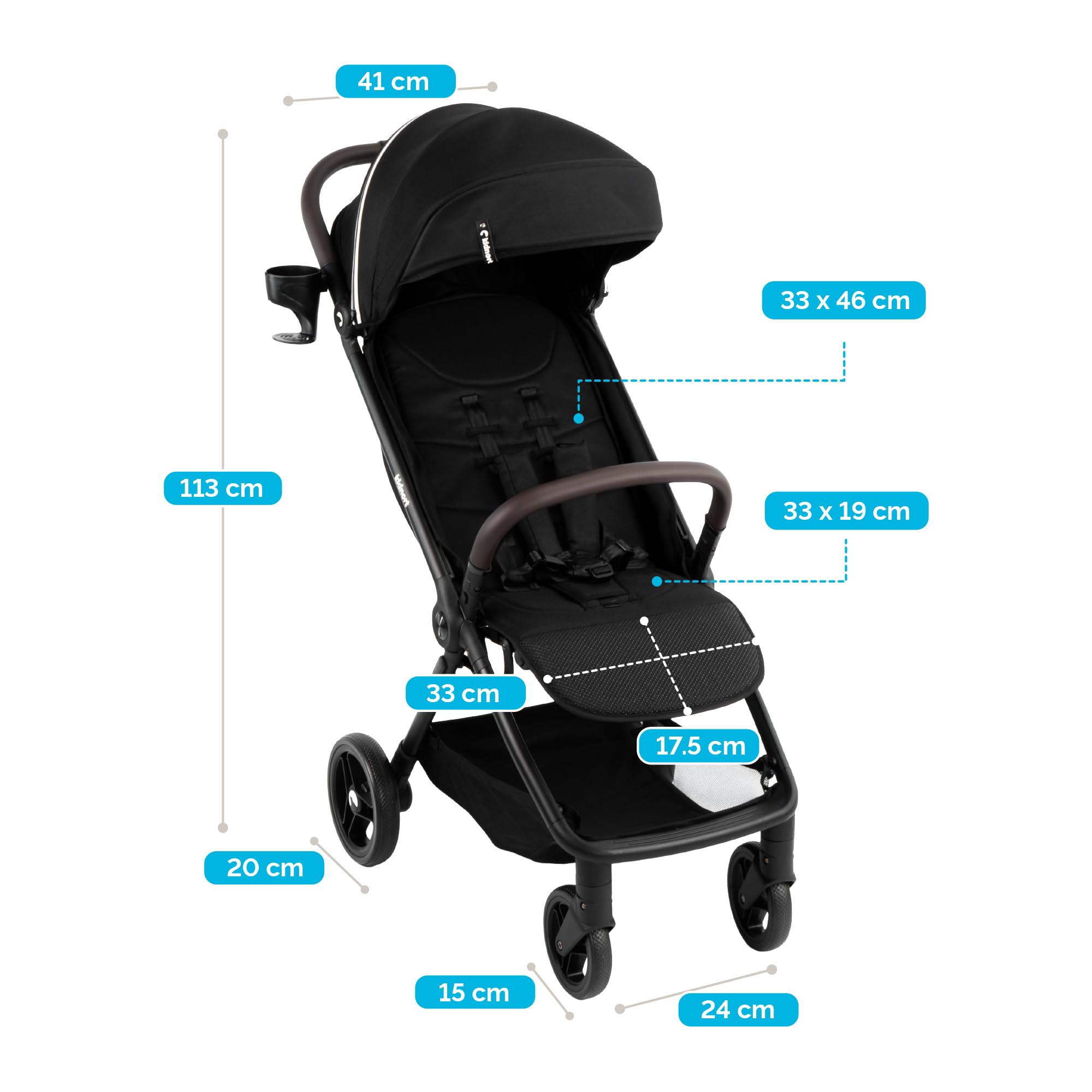 Snøugle Reisebuggy leicht faltbar mit Liegefunktion, Einhand-Faltung, bis 22 kg, 5-Punkt-Gurt, Federung, Verdeck Schwarz