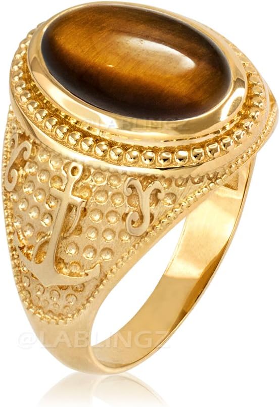 10K Yellow Gold Marine Anchor Tiger Eye Gemstone Ring