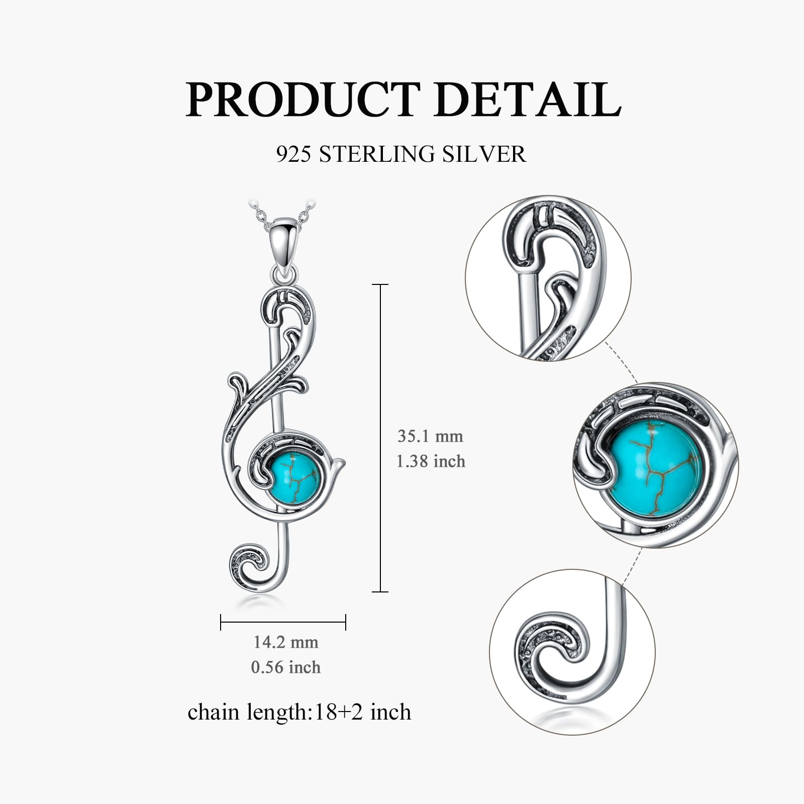 Collana da donna a forma di nota musicale turchese, in argento Sterling 925, ciondolo a forma di chiave di violino, gioiello vintage occidentale per gli amanti della musica, Argento sterling,