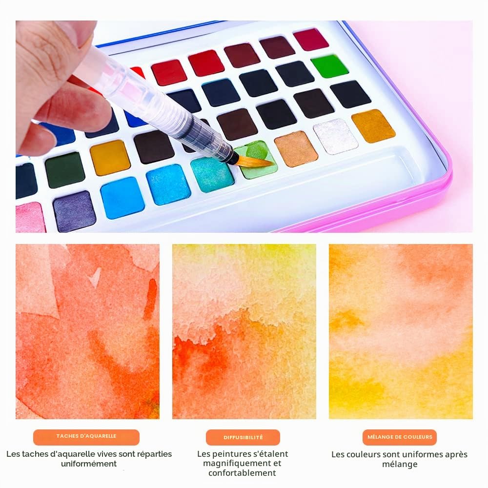 MeiLiang Kit de peinture aquarelle 48 couleurs avec papier aquarelle, 100 % coton avec effet pailleté, convient pour les débutants et les professionnels