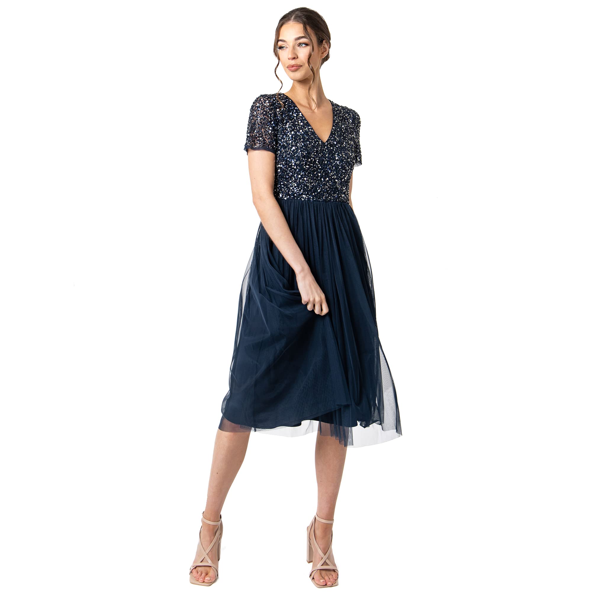 Maya Deluxe Abendkleid mit Pailletten - Cocktailkleid Damen mit V-Ausschnitt - Tüllkleid Damen mit Kurzen Ärmeln