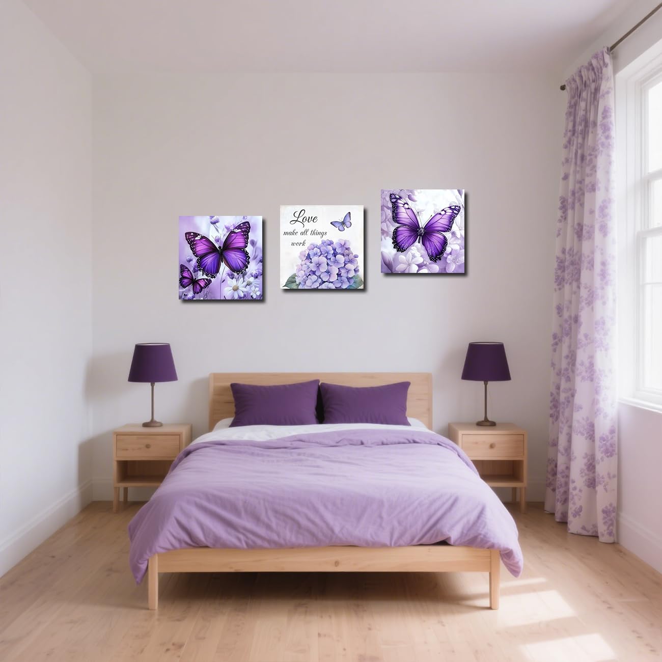 Quadri su Tela con Farfalle e ortensie, Set da 3 Pezzi, con Citazioni motivazionali, Stampe Floreali per Bagno e Ufficio, incorniciati (Viola, 40x40 cm x 3 Pezzi)