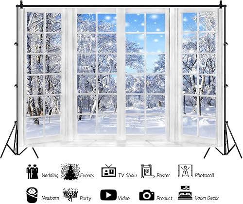 Miniatura 3 de Telón de fondo de vinilo de 10 x 8 pies para ventana, bosque nevado, país de las maravillas de invierno, para fotografía, copos de nieve, decoración