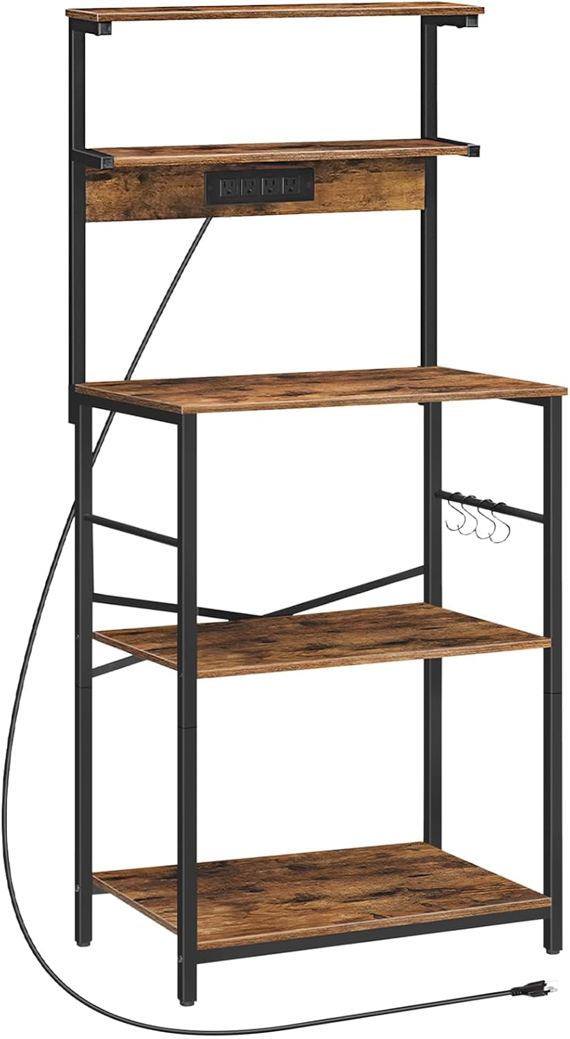 HOOBRO Bakers Rack with Power Outlet, 5-Tiers Microwave Stand with Storage, Kitchen Rack Storage Shelf with 4 S-Shaped Hooks, Coffee Bar, for Kitchen, Living Room, Rustic Brown and Black BF12UHB01