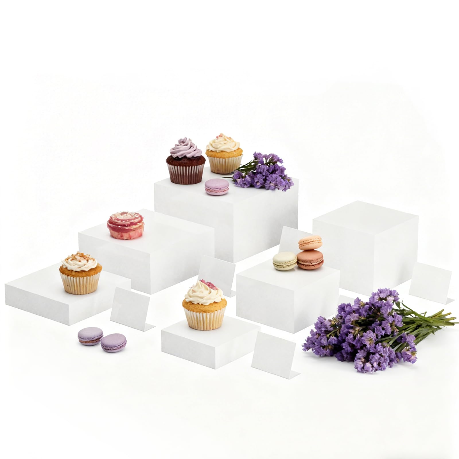Lot de 6 rehausseurs de buffet en acrylique avec mini panneaux de buffet - Présentoir de table - Différentes tailles - Présentoir alimentaire pour figurines de collection