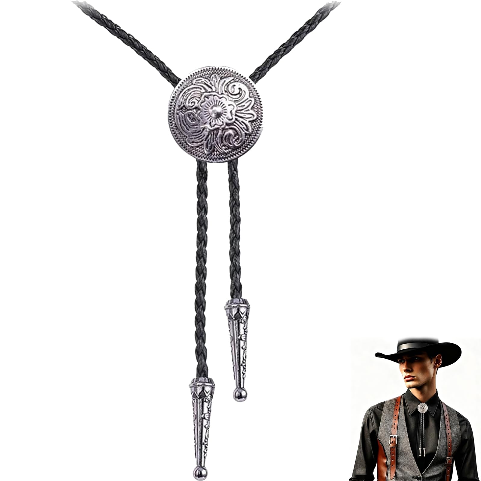 Cowboy Bolo Tie Retro Cowboy Necklace for Men Women Vintage Rodeo Leather Cord Necktie Western Style Bolo Tie with Metal Slide Down Neckwear-image-22