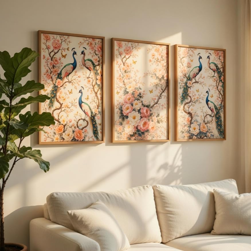 Image of Livin'luxe Peacock Floral Wall Painting Set of 3 with Wooden Frames | Elegant Bird & Blossom Artwork HD Sparkle Laminated MDF Wall Decor | Botanical Peacock Wall Art for Living Room Bedroom Hallway