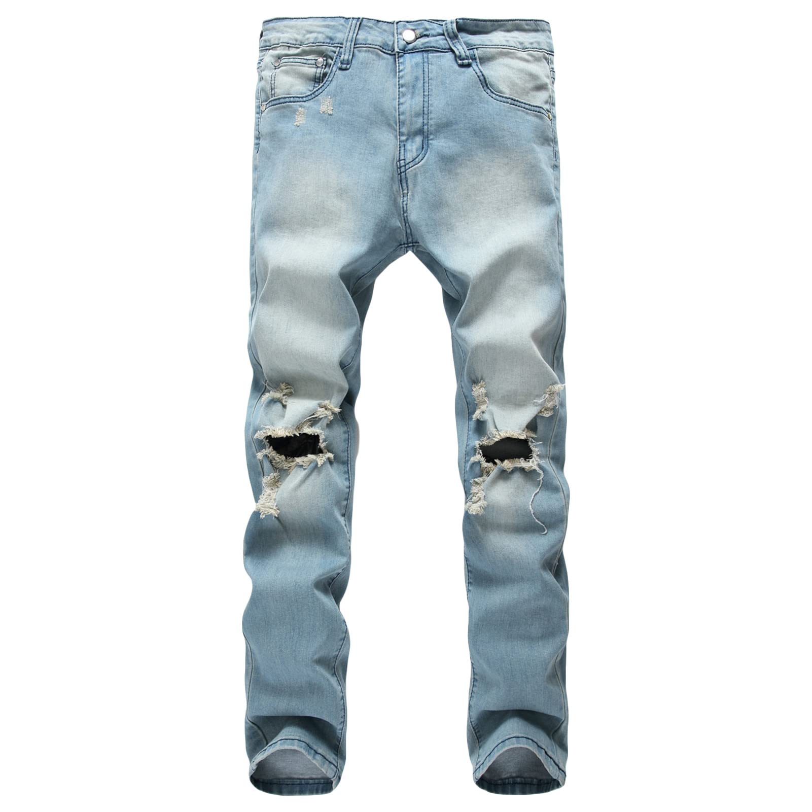 Men Distressed Vintage Big Ripped Fit Jeans Retro Skinny Stretch Washed Denim Pants Moto Hole Straight Trousers Light