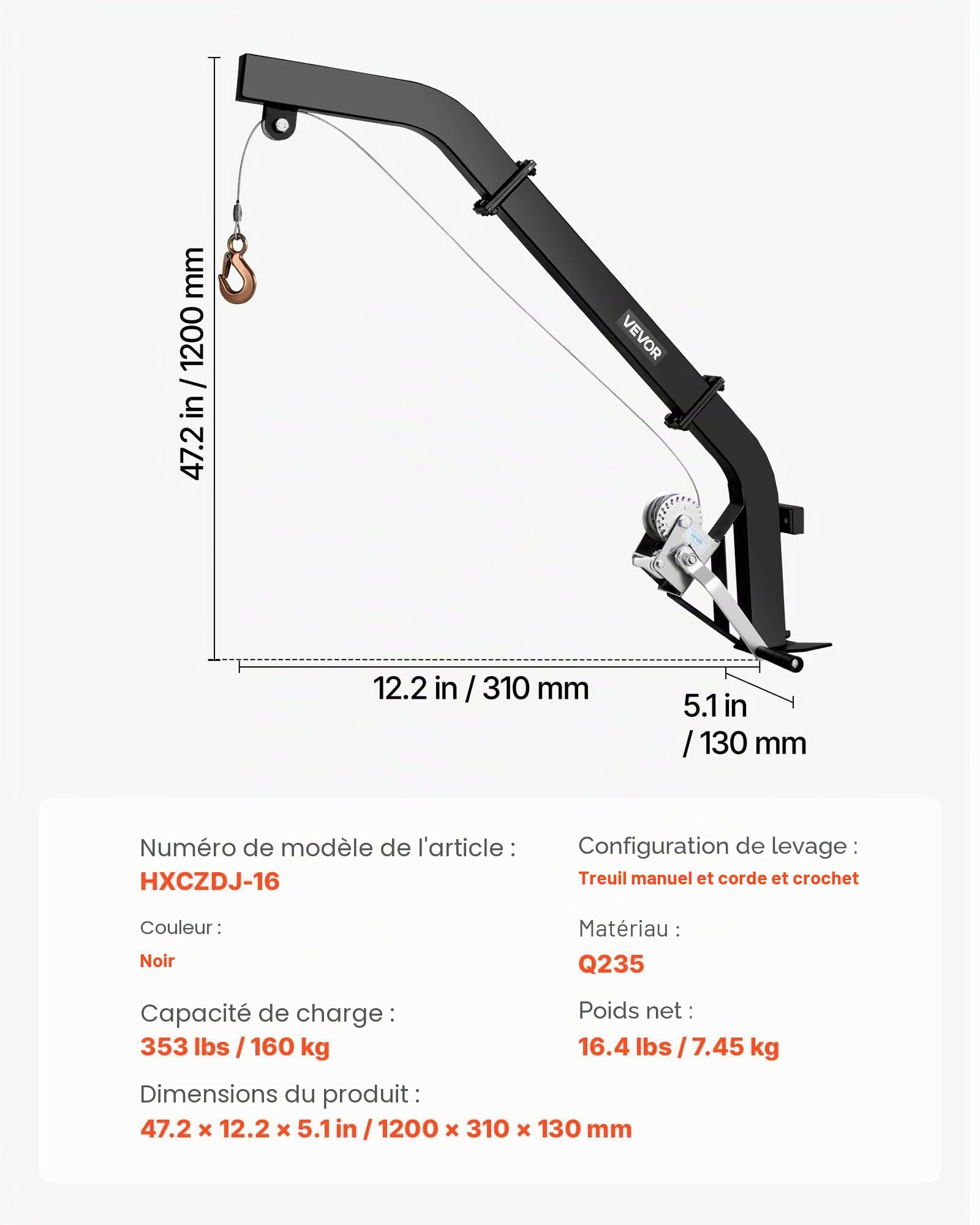 VEVOR Palan à Cerfs Monté sur Arbre, Charge 160 kg, avec Treuil à Manivelle, Sangle à Cliquet Réglable, Cintre Robuste, pour Levage, Nettoyage, Dépeçage de Gibier de Chasse, Alimentation Ferme, Noir