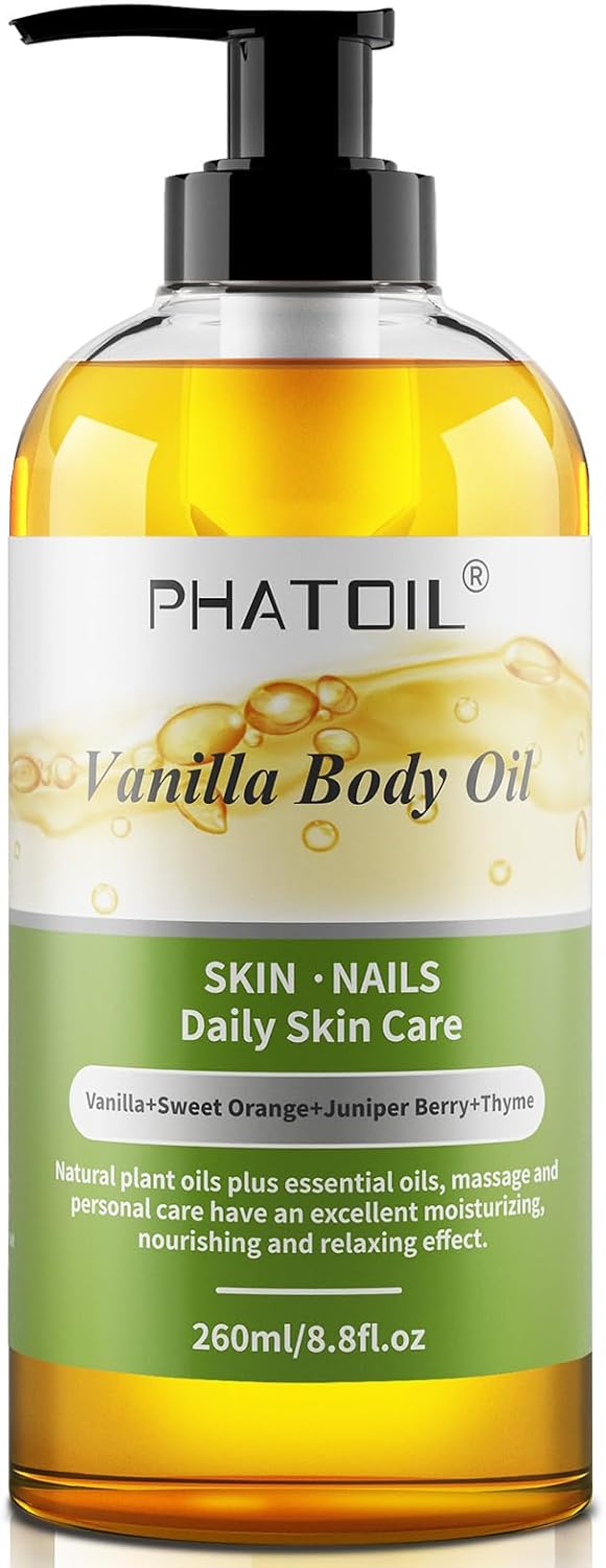 PHATOIL Body Oil, Vanilla Body Oil for Massage, Skin Care, Hair Care, Formulated with Natural Plant Oils and Essential Oils, Natural Moisturizer for Women, Men. 260ml, All Skin Types