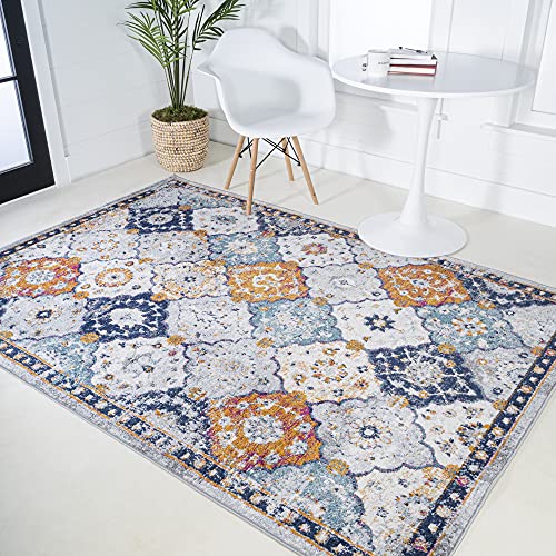 JONATHAN Y MDP214A-5 Kirman - Alfombra de área para interiores, estilo bohemio, vintage, fácil de limpiar, para dormitorio, cocina, sala de estar, no se desprende, 5 x 8 pies, gris claro, azul y