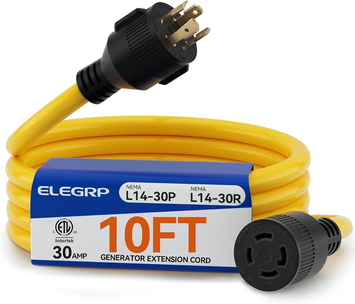 ELEGRP 30 Amp Generator Extension Cord 10 Feet, 4-Prong NEMA L14-30P to L14-30R, 120/250V Up to 7500W, SJTW 10AWG/4C Locking Power Cord for Portable Generators, Home Backup, UL Standard Compliant