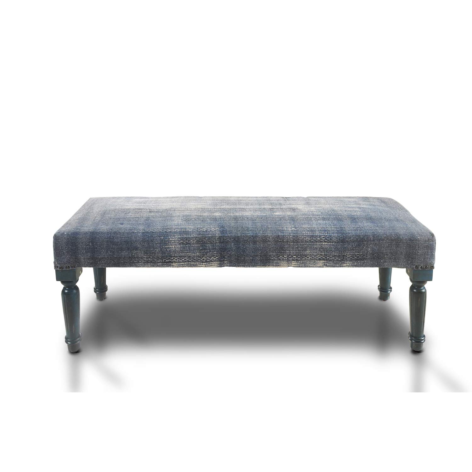 ( Incomplete ) LR Home Alexei Blue Upholstered Bench for Bedroom End of Bed | Modern Distressed Accent Bench for Living Room, Entryway, or Hallway | 47" x 16" x 18"