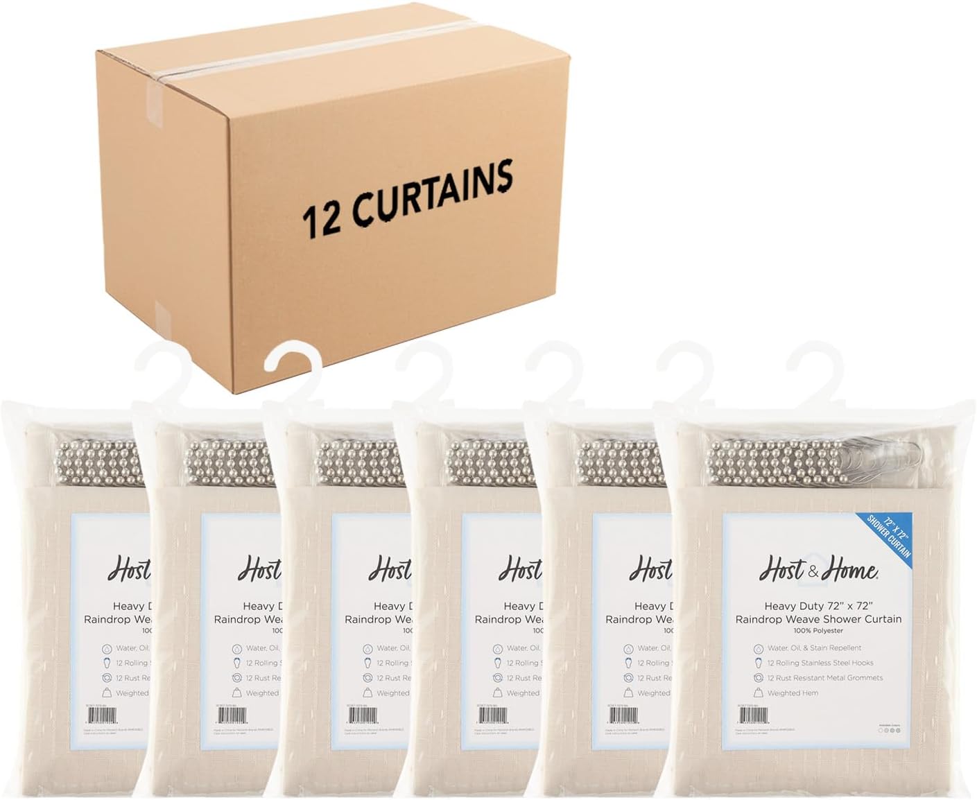 Arkwright Bulk Shower Curtain Set - Case of 12 - Stainless 12 Metal Hooks, Modern Damask Woven Washable Fabric with Weighted Hem & Rust-Proof Grommets, 210 GSM Heavy Duty, 72 x 72 in, Light Grey