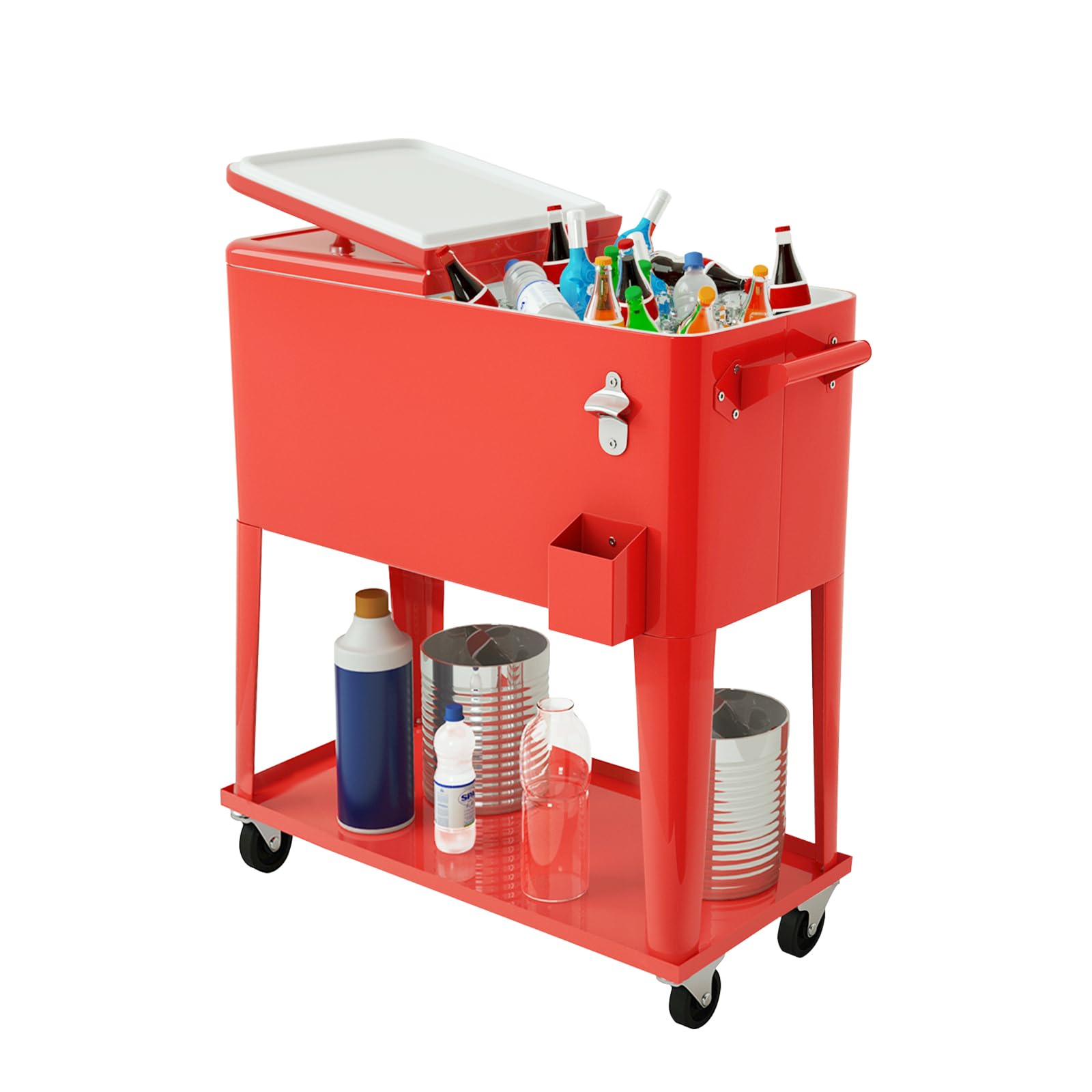 GYMAX Carro Refrigerador de 76 litros, Enfriador de Bebidas con 4 Ruedas Universales, Estante y Abrebotellas, Nevera con Doble Tapa, Caja Térmica, Enfriador de Bebidas para Jardín, Terraza