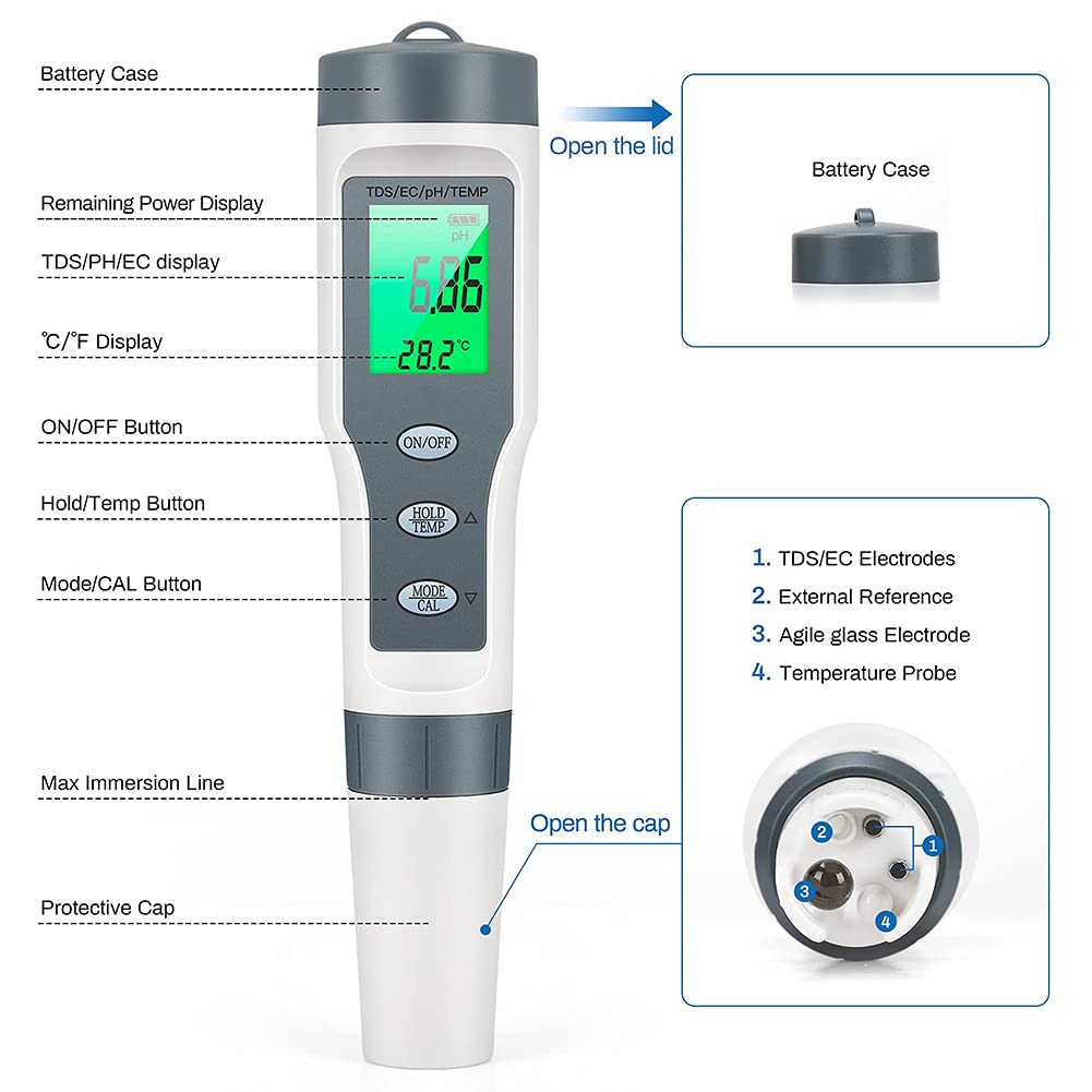 ERNZI Testeur de qualité de l'eau de testeur Affichage à Cristaux liquides/Valeur de pH numérique/Compteur TDS pour l'eau Potable/température de Laboratoire tds EC 4 en 1 Ensemble