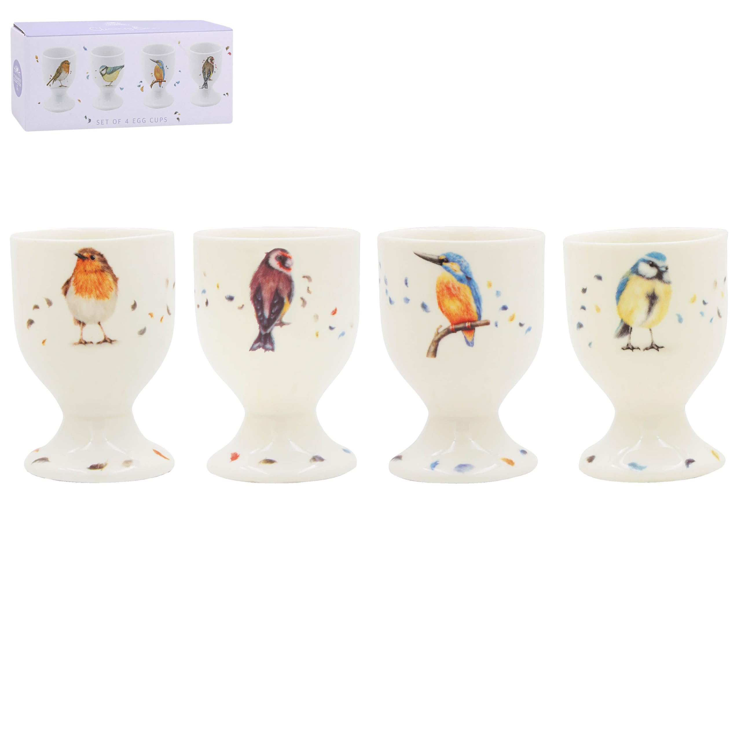 The Leonardo Collection Clemency Bunn British Birds Egg Cups Set of 4 – Festive Ceramic Breakfast Tableware with Elegant Seasonal Bird Illustrations, Decorative Holiday Dining Accessory and