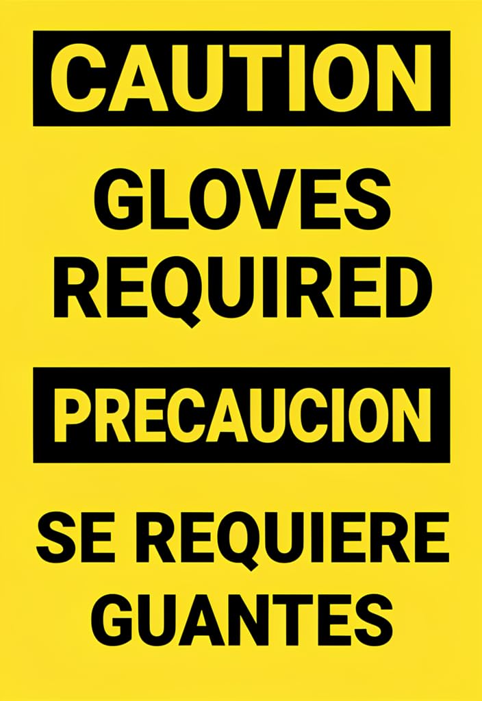 peiyeety CAUTION Gloves Required Tin Sign 12x8 Inch – Yellow & Black Bilingual Safety Notice (English/Spanish) Metal Wall Decor for Workshop, Garage, Lab, Shop, Warehouse, Industrial Home Decor Gift