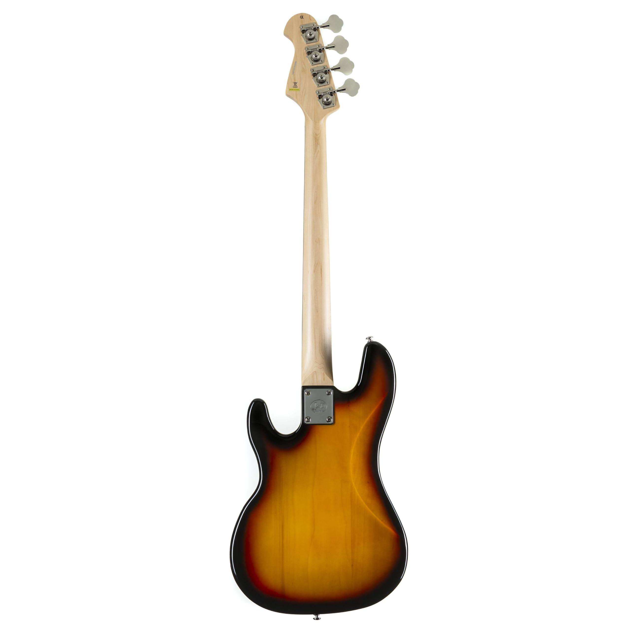 J & D E-Bass, Bass Gitarre mit 4 Saiten und Linde Korpus, JB Bass mit Split-Coil Tonabnehmer und Single Coil, passive Elektronik, 3-Tone Sunburst