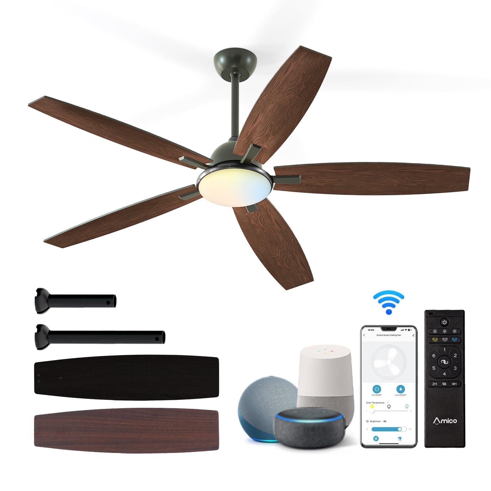 Amico Ceiling Fans with Lights, 60'' Smart Modern Ceiling Fan with Remote Control, Reversible DC Motor, 5 Blades, 6 Speeds, 3CCT, Dimmable, Noiseless, Alexa Ceiling Fan for Bedroom, Kitchen, Farmhouse