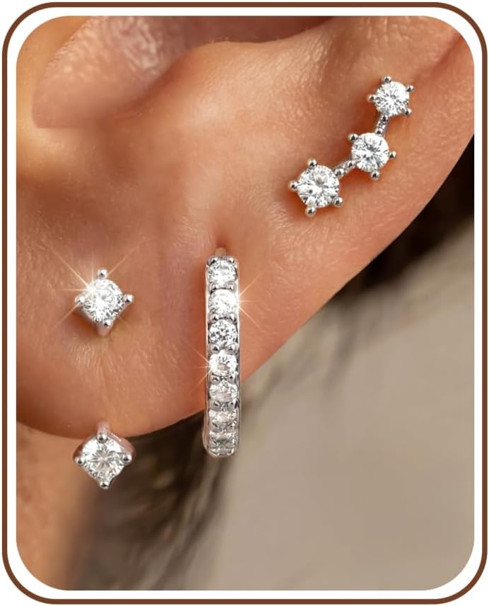 3 Pairs 925 Sterling Silver Hypoallergenic Earrings Set for Multiple Piercing Dainty 14K Gold Plated Stud Huggie Small Hoop Earrings for Women Trendy Cute Earring Stacks for Sensitive Ears