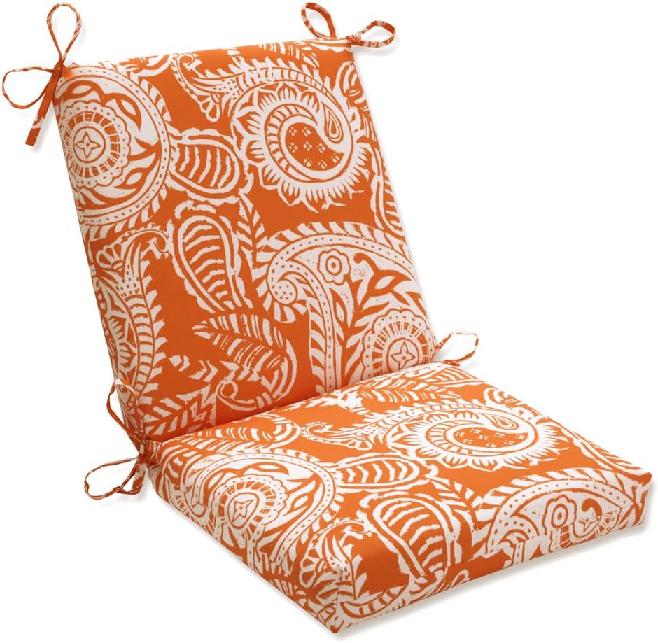 Pillow Perfect Paisley Indoor/Outdoor Solid Back 1 Piece Square Corner Chair Cushion with Ties, Deep Seat, Weather, and Fade Resistant, 36.5" x 18", Orange/Ivory Addie, Orange/Ivory Addie 36.5" x 18"