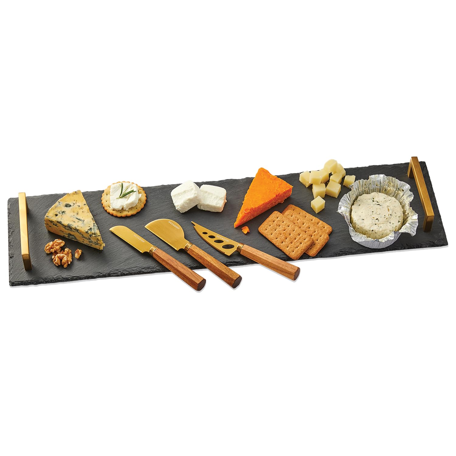 Occasion Rectangular Natural Slate Serving Platter with Brass Handles & 3 Acacia Knives Gift Set | Charcuterie Platter and Serving Meat Board | Gift Boxed