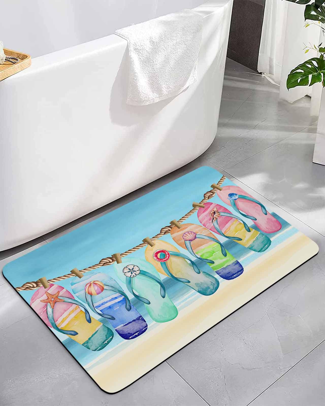 Bath Rugs Summer Seaside Watercolor Slippers Absorbent Diatomaceous Earth Bath Mat Quick Drying Non Slip Washable Shower Mat