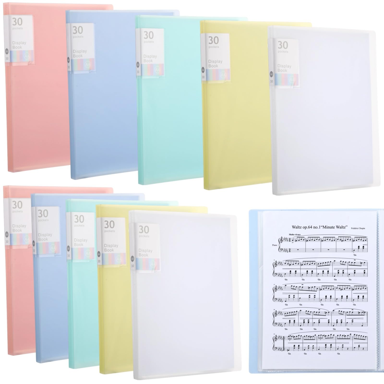 10 Pcs A4 Display Folders, Presentation Folders with 30 Pockets & Plastic Sleeves, Practical File Organizer for Music Sheets, Study Materials and Documents (5 Colors)