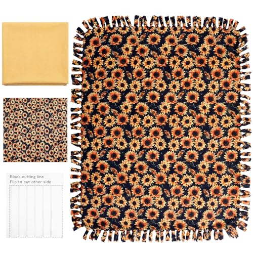 Remagr 2 Pcs No Sew Fleece Blankets Kit - 50 x 60 DIY Tie Blanket Kit Soft Warm Decorative Throw for Couch Sofa Bed Decor (Sunflower Yellow and Black)