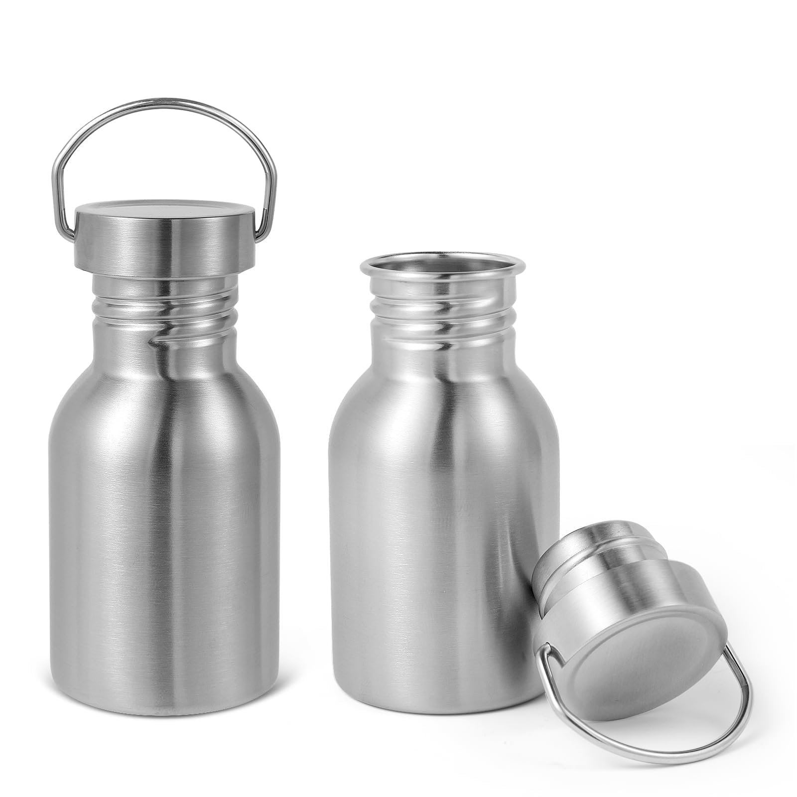 Volhoply 380ml Uninsulated Single Walled Water Bottle 2 Pack, Stainless Steel Reusable Water Bottles with Handle, BPA Free & Plastic Free 18/8 304 Metal Water Bottles for Camping, Hikers, Cyclists — image 1