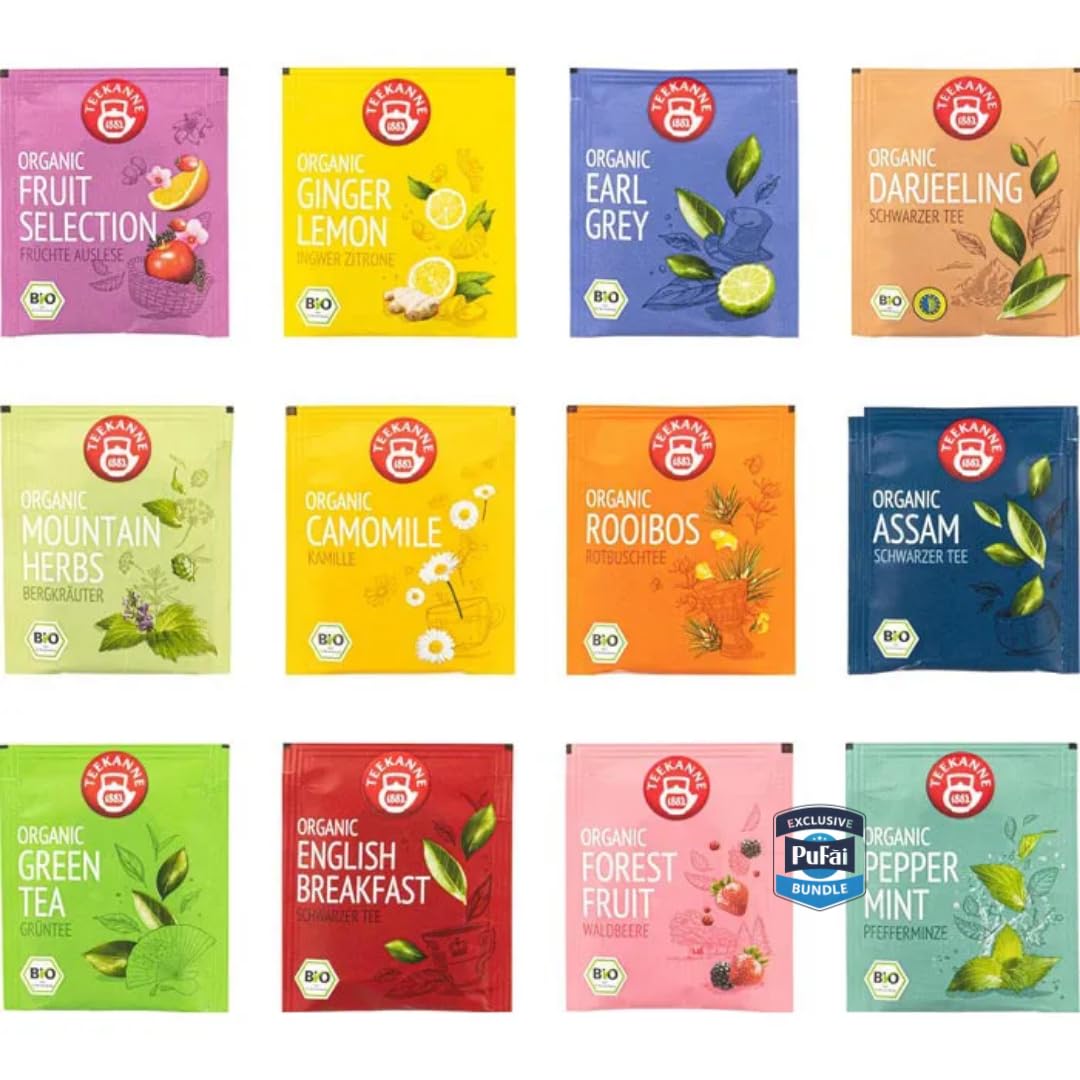 PUFAI Bundle – Teekanne Tee Premium Selection Box – 12 Sorten | 180 Teebeutel | Kräuter-, Frucht- & Schwarztee Mischung – 354 g