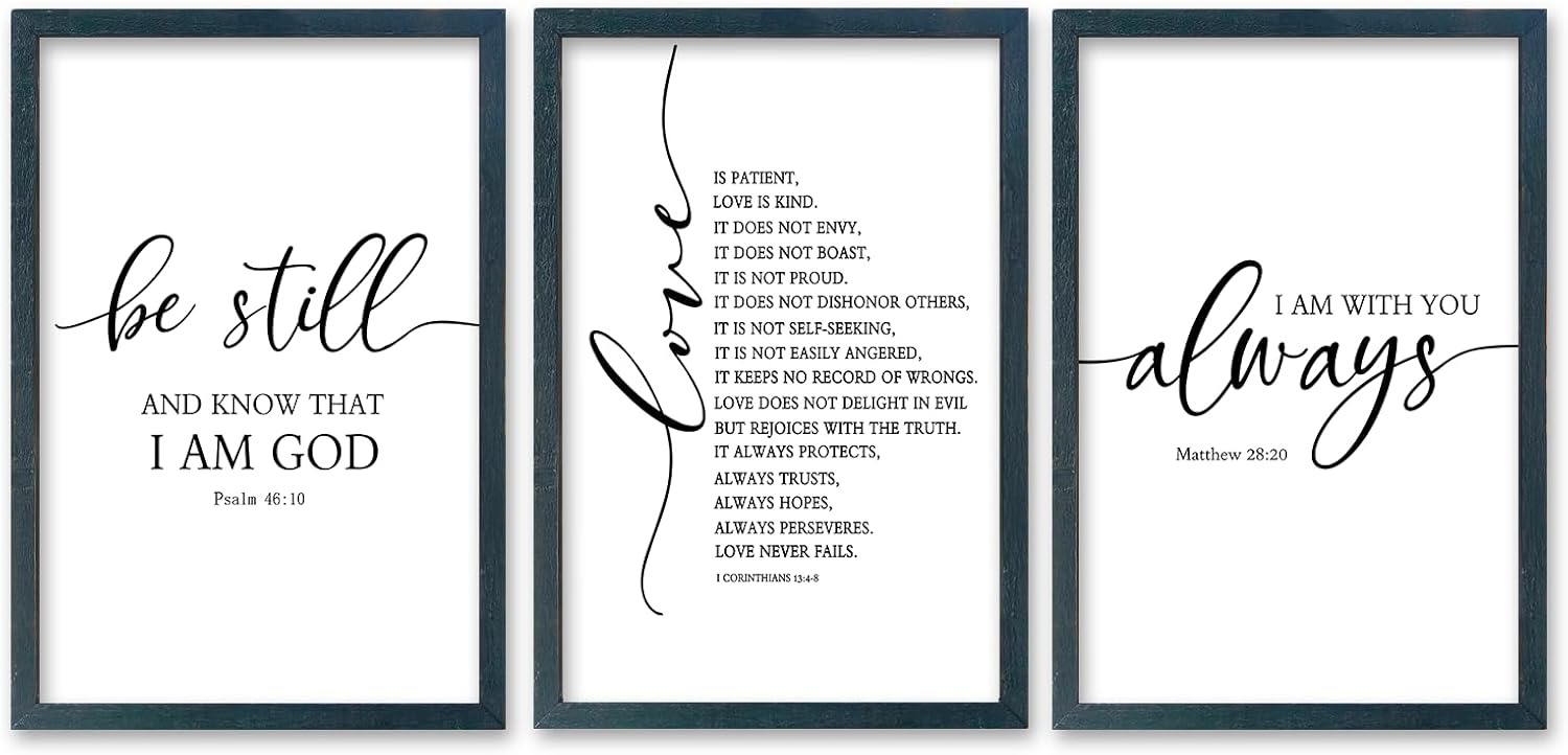 SRSZHIYUE Bible Verses Wall Decor Be Still Love Is Patient I Am With You Always 16"×11" Set of 3 Wooden Framed Scripture Living Room Wall Hanging Art (Black)