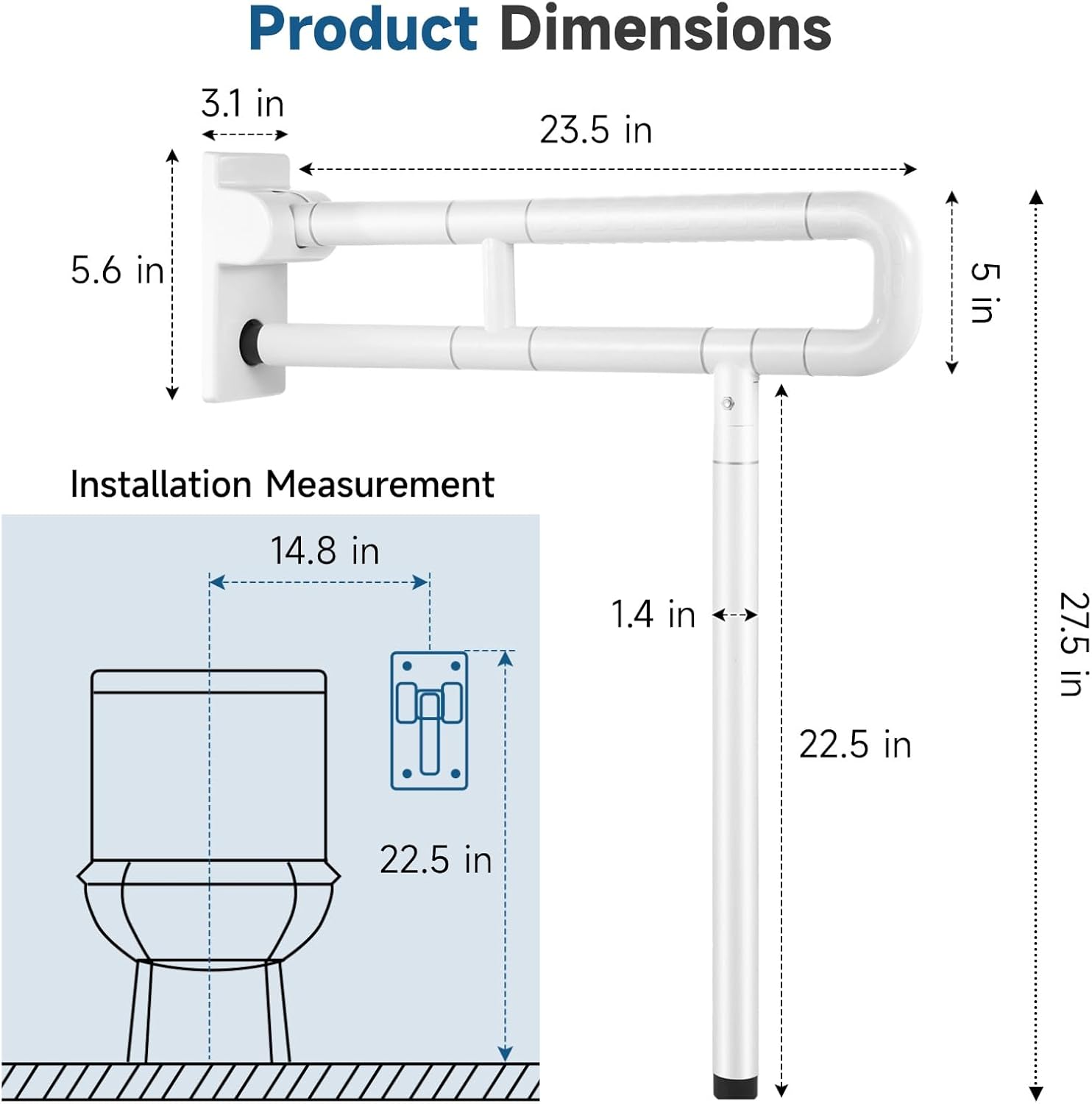 27.6" Heavy Duty Flip-Up Grab Bar for Toilet, Shower & Bedside - Wall Mounted Anti-Slip Safety Rail Handle Standing Aid for Seniors & Post-op Handicap - 2PCS