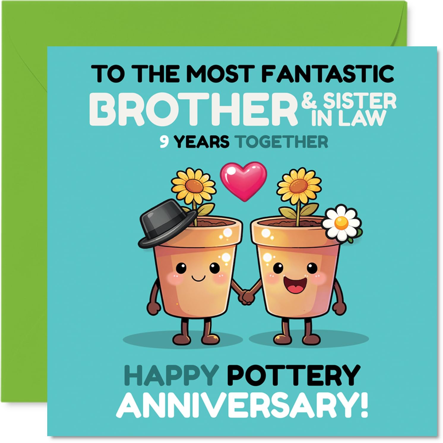Playful 9th Anniversary Card for Brother & Sister in Law - Brighten Their Day with Two Adorable Plant Pots - 145mm Square, Envelope Included