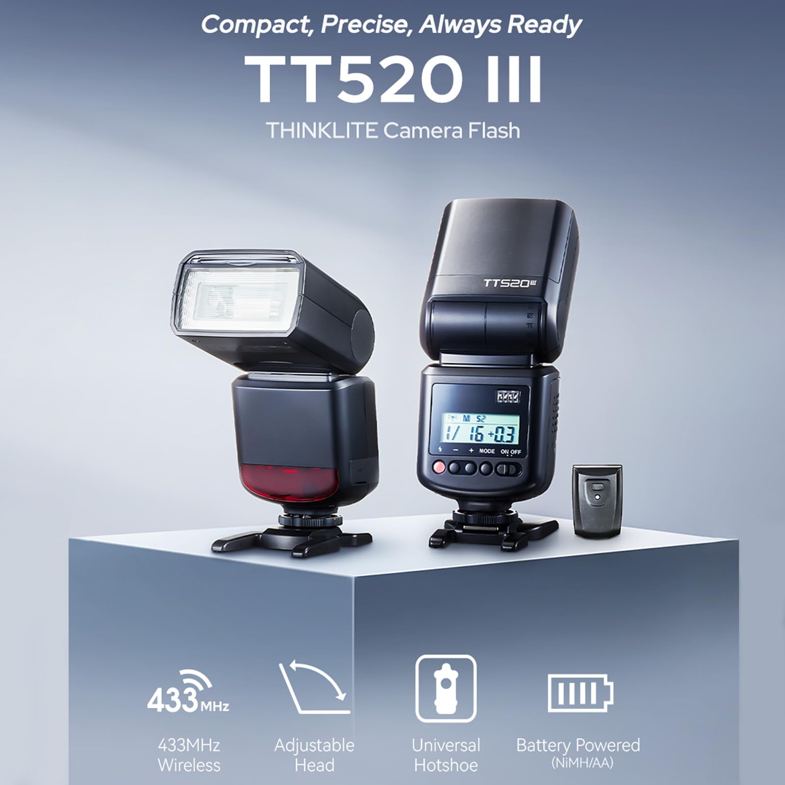 GODOX TT520III Flash Fotocamera con Ricevitore 433 Mhz, Hotshoe a contatto singolo, 8 livelli di potenza compatibile per Canon Sony Nikon Fuji Panasonic Olympus