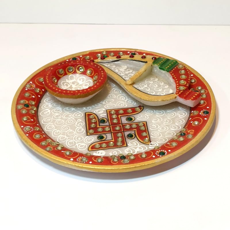 DHAROHAR THE HERITAGE Pooja Thali | Diwali Decorative Item | Diwali Pooja | Karva Chauth Pooja Thali | Aarti Thali (9 Inch) Marble
