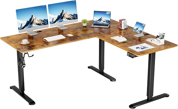 Shahoo L-Shaped Corner Standing Desk, Electric Height Adjustable Table, Home Office Workstation, 63 x 55 Inch, Rustic Brown
