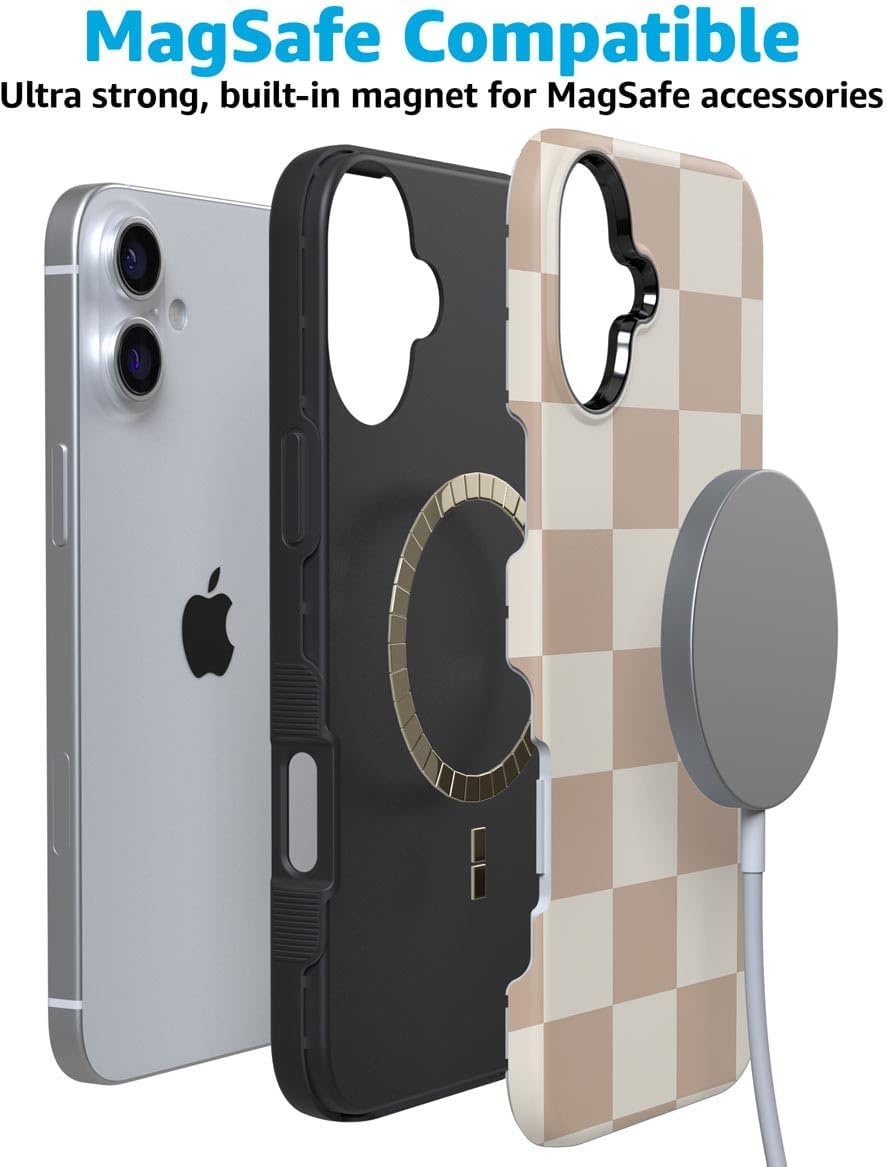 Casely iPhone 16 Case | Fit Check | Neutral Checkerboard | Bold Protective Design | Compatible with MagSafe