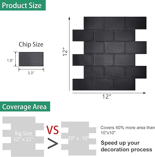 Miniatura 8 de WalDecoo - Azulejos de pared de metro negro mate para cocina, 10 hojas adhesivas en muro para baño, protector contra salpicaduras de cocina grandes