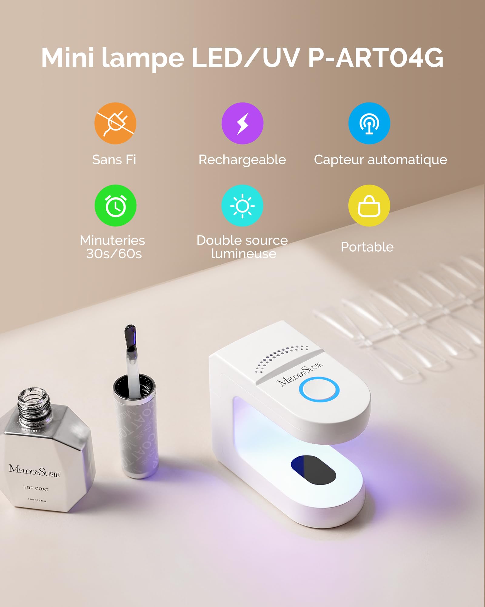 MelodySusie Mini Lampe UV LED Ongles Rechargeable, Sèche-Ongles Portable Sans Fil avec Capteur Automatique et 2 Minuteurs (30s/60s), Flash Cure pour Vernis Semi Permanent, Gel - Blanc (ART04G)
