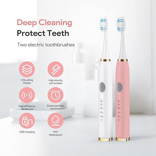 Miniatura 2 de PHXCHAM Paquete de 2 cepillos de dientes eléctricos para adultos, cepillos de dientes eléctricos recargables con 10 cabezales de cepillo (blanco y