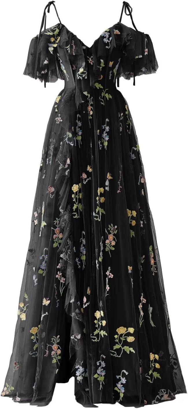 Maxianever Tulle Prom Dresses Flower Embroidery Ruffle V Neck Women's Formal Evening Party Gowns 2024