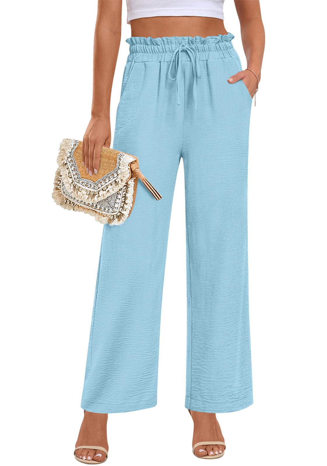 Anymeet Womens Cute Pants Wide Leg Casual Loose Fit High Waist Lounge Pants with Pockets