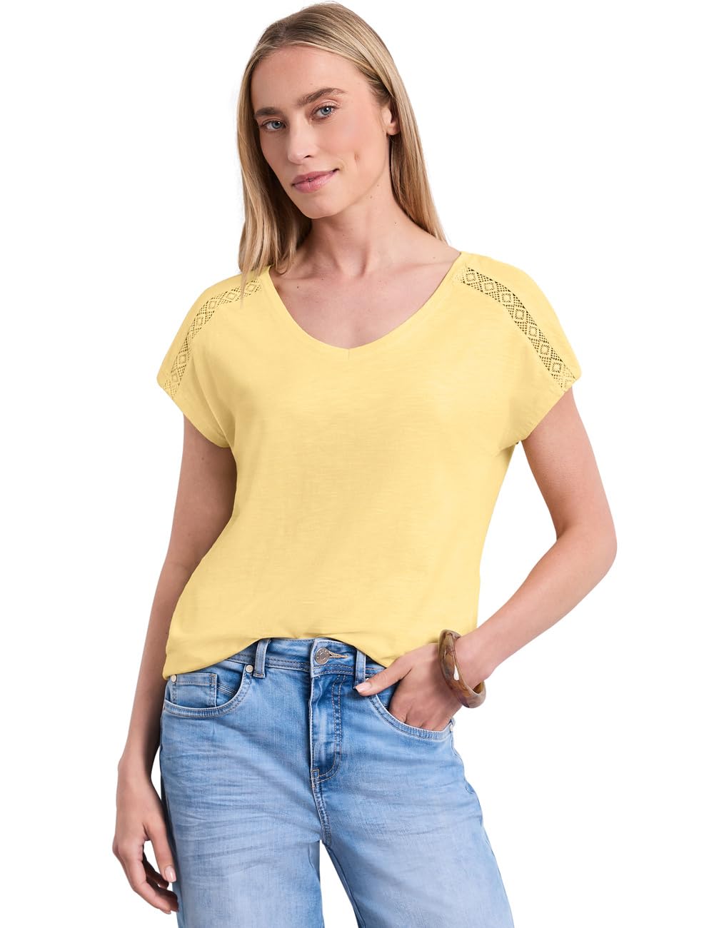 Street One Shirt with V-Neck and Crochet Details, Soft Yellow, 44
