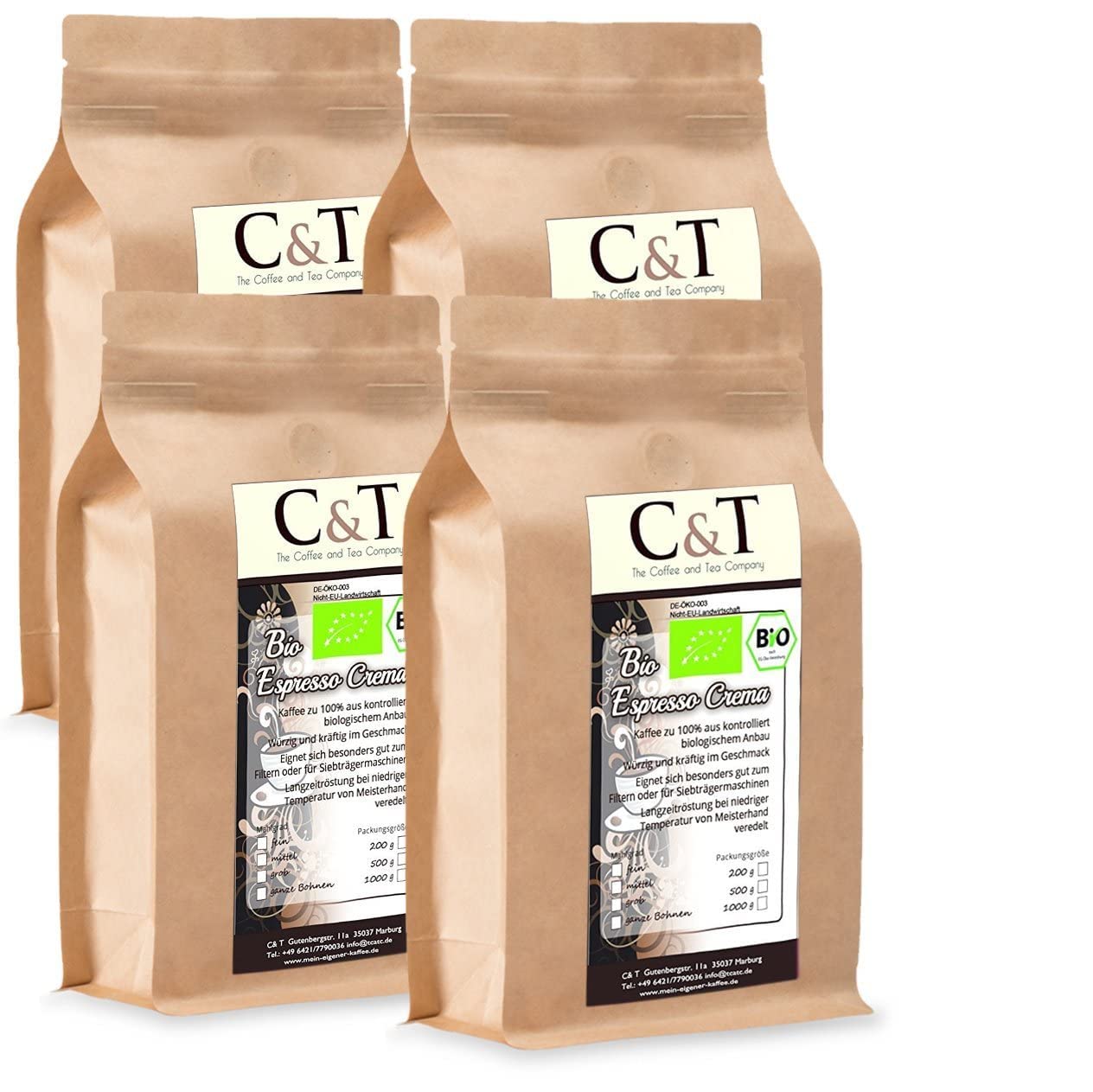 C&T Bio Espresso Crema | Cafe 4 x 1000 g ganze Bohnen Gastro-Sparpack im Kraftpapierbeutel Kaffee für Siebträger, Vollautomaten, Espressokocher
