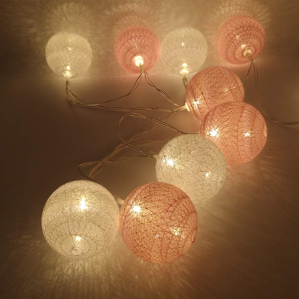 Cotton Ball LED String Lights 10pcs, DOTBUY Battery Operated Fairy Lights for Wedding Party Romantic Halloween Decoration Outdoor Indoor Decor Garlands (Pink,1.8M/10LED)