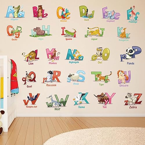 Calcomanías de pared educativas del alfabeto de dibujos animados de animales ABC pegatinas de pared para dormitorio de niños, cuarto de bebé, sala